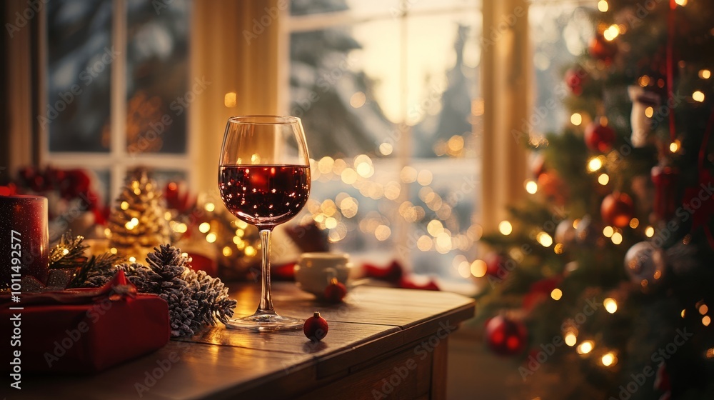 A wine glass on an elegantly decorated table, framed by beautifully lit Christmas trees, and warm light pouring through clear windows. A wine glass on an elegantly decorated table, framed by beautifully lit Christmas trees, and warm light pouring through clear windows.