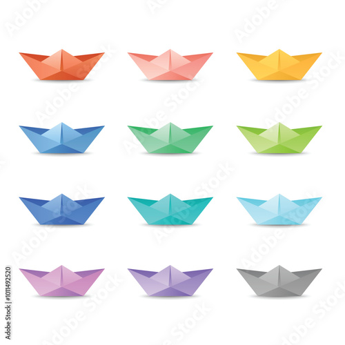 Origami boat set isolated on white background.