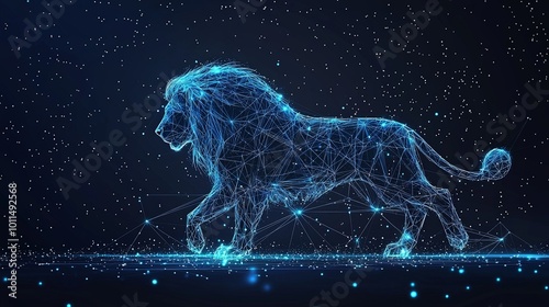 Galactic lion strides boldly with a dynamic constellation outline, displaying a sense of movement and vibrancy against an endless expanse of cosmic wonder.