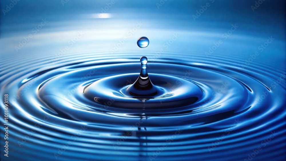 A single water droplet creates concentric ripples on a calm blue surface, reflecting light and showcasing the beauty of liquid dynamics.