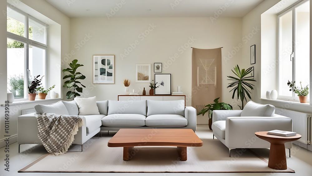 Fototapeta premium Luxurious Modern Living Room with Large Windows and Natural Light