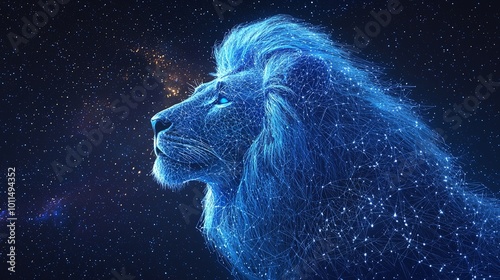 An intricately illuminated lion stands in side profile, composed of digital lines, set against a backdrop of twinkling stars and a mesmerizing galactic vista.