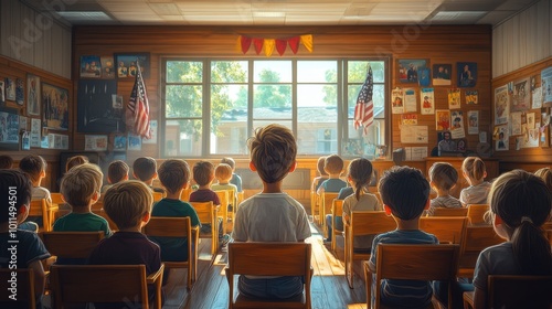 169 A cartoon-style classroom with children learning about Veterans Day, looking at historical images and creating art to honor veterans