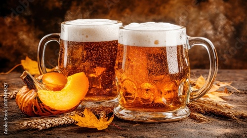 Seasonal craft pumpkin ale in a glass on the table . Fresh pumpkin, ears of rye, autumn dry leaves. Thanksgiving or oktoberfest beer photo