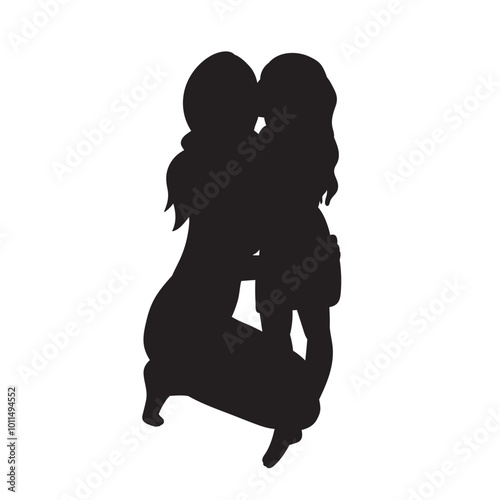 mother and daughter hugging silhouette on white background, vector