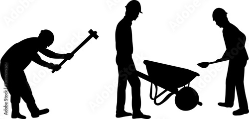 working builders silhouette on white background, vector