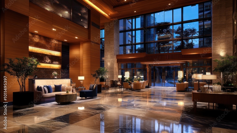 Elegant Hotel Lobby with Warm Lighting Elegant Hotel Lobby with Warm Lighting