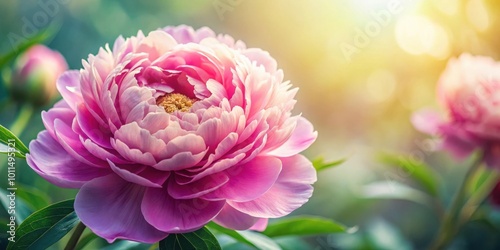 A delicate pink peony blossom bathed in warm sunlight, its petals unfurling with elegance and grace, creating a captivating visual symphony of nature's beauty