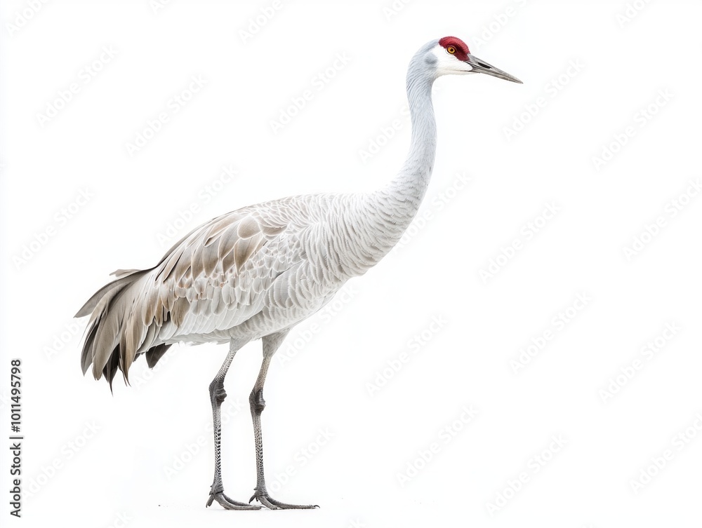 majestic sandhill crane stands tall with its long neck and legs, showcasing its stunning gray and red feathers against a clean, white background, highlighting its beauty and elegance. majestic sandhill crane stands tall with its long neck and legs, showcasing its stunning gray and red feathers against a clean, white background, highlighting its beauty and elegance.