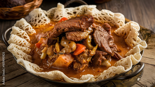 Qursan is a dish of thin, crispy flatbread soaked in a rich meat and vegetable stew, topped with tender meat pieces, offering a hearty, flavorful, and comforting meal.






