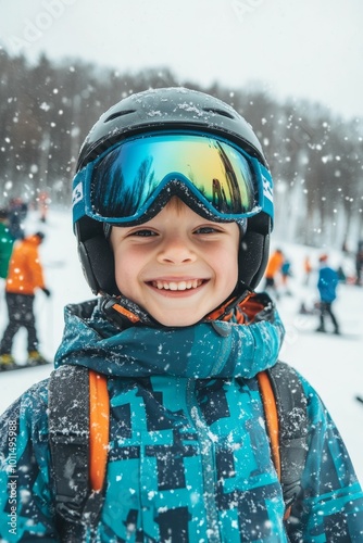 A happy child wearing a down jacket is pictured in this photograph