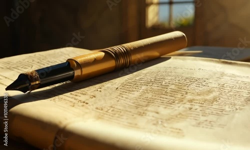 Medieval Scroll and Quill on a Wooden Table