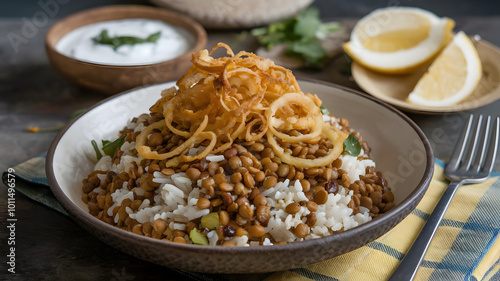 Mudardara features lentils and rice topped with crispy fried onions, adding a golden contrast to the earthy tones, served with yogurt or salad for balance.






 photo