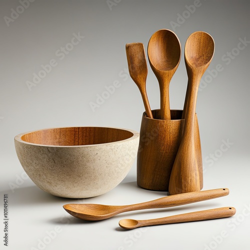 A beautifully arranged collection of wooden cooking utensils, including spoons, spatulas, and a whisk, artfully displayed next to a large, elegant mixing bowl. The utensils showcase their natural grai photo