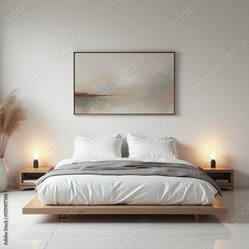 A serene bedroom with a clean, minimal design. A low platform bed with crisp white linens and a single grey throw blanket is centered against a smooth light grey wall.