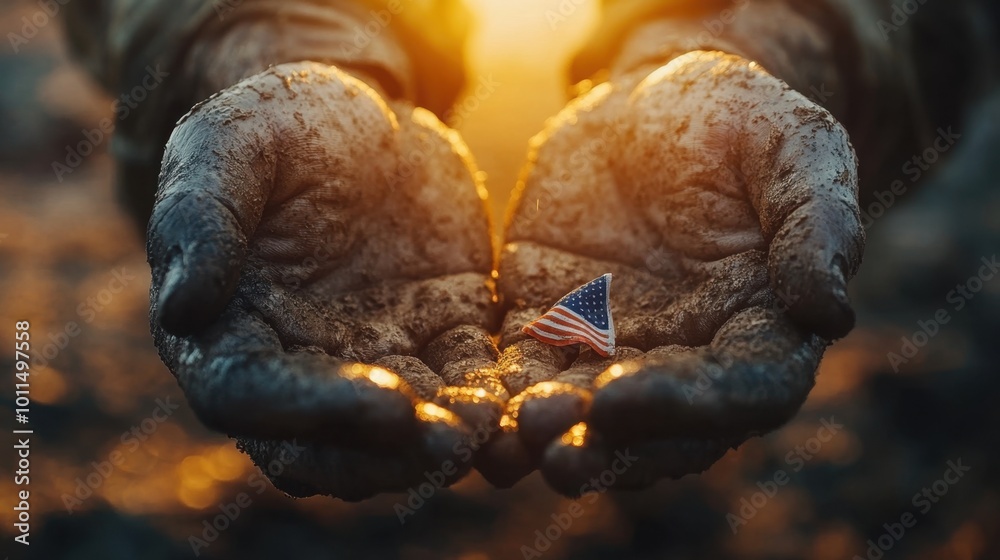 A close-up of a veteran-weathered hands holding a small American flag, with soft lighting creating a sense of reflection and pride A close-up of a veteran-weathered hands holding a small American flag, with soft lighting creating a sense of reflection and pride