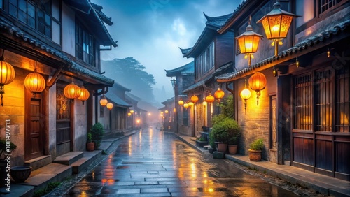 A narrow cobblestone street lined with traditional Chinese buildings, illuminated by glowing lanterns on a misty evening