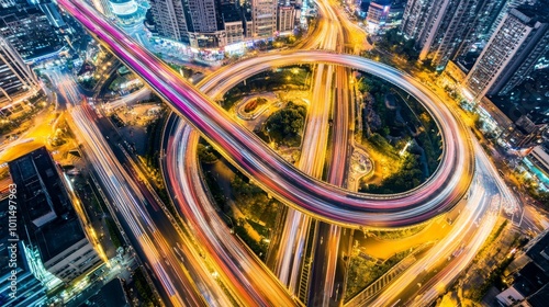 View from the air of a busy urban intersection at night with vibrant lights and car trails in a modern cityscape