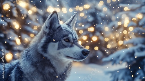 A wolf stands in a snowy forest, surrounded by soft glowing lights, capturing a serene winter atmosphere.