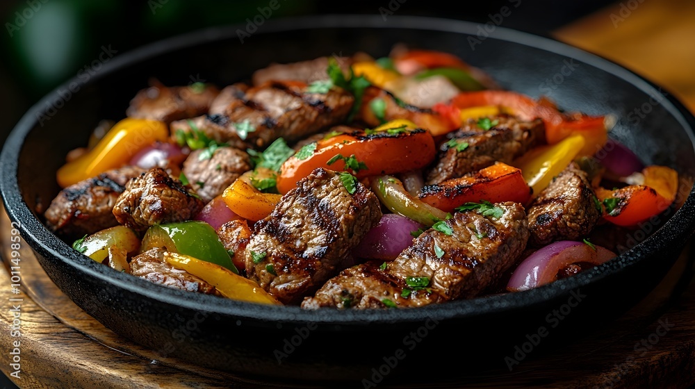 Sizzling Beef and Vegetable Stir-Fry in a Cast Iron Skillet on a Rustic Wooden Table - A Delicious and Nutritious Homemade Dish with Tender Meat,Crisp Veggies,and Flavorful Seasonings Sizzling Beef and Vegetable Stir-Fry in a Cast Iron Skillet on a Rustic Wooden Table - A Delicious and Nutritious Homemade Dish with Tender Meat,Crisp Veggies,and Flavorful Seasonings