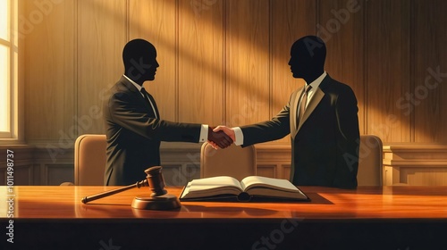 Business Deal Sealed, Two businessmen confidently shake hands over a desk in a courtroom setting, symbolizing a successful agreement or collaboration.