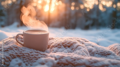 A steaming cup of hot chocolate, placed on a cozy blanket, with a snow-covered forest in the background. Soft winter light creating a peaceful and serene outdoor setting,