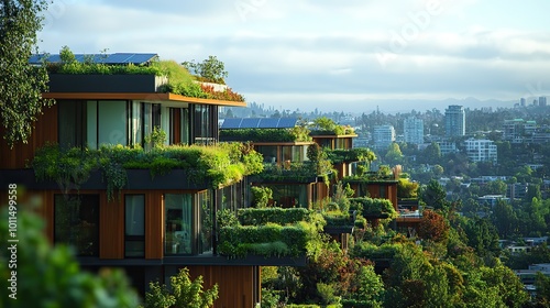 residential complex featuring energy efficient multifamily homes adorned with verdant green balconies rooftop gardens ,integrated solar panel systems exemplifying sustainable urban living