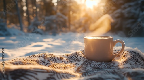 A steaming cup of hot chocolate, placed on a cozy blanket, with a snow-covered forest in the background. Soft winter light creating a peaceful and serene outdoor setting,