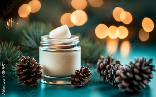 It's a peaceful ambiance featuring a cozy candle beside pinecones during a festive evening with shimmering lights in the background