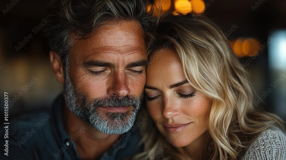 sad mature man is looking down thinking about cheating his wife while his wife is snuggling to him