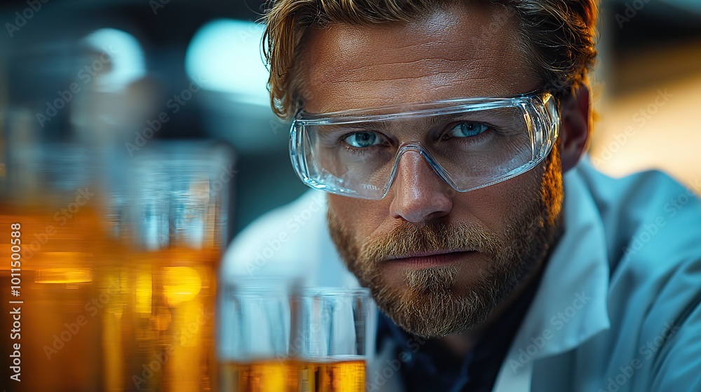 scientist in lab coat ,safety goggles examining test tubes representing precision medicine in pharmaceutical research scientist in lab coat ,safety goggles examining test tubes representing precision medicine in pharmaceutical research
