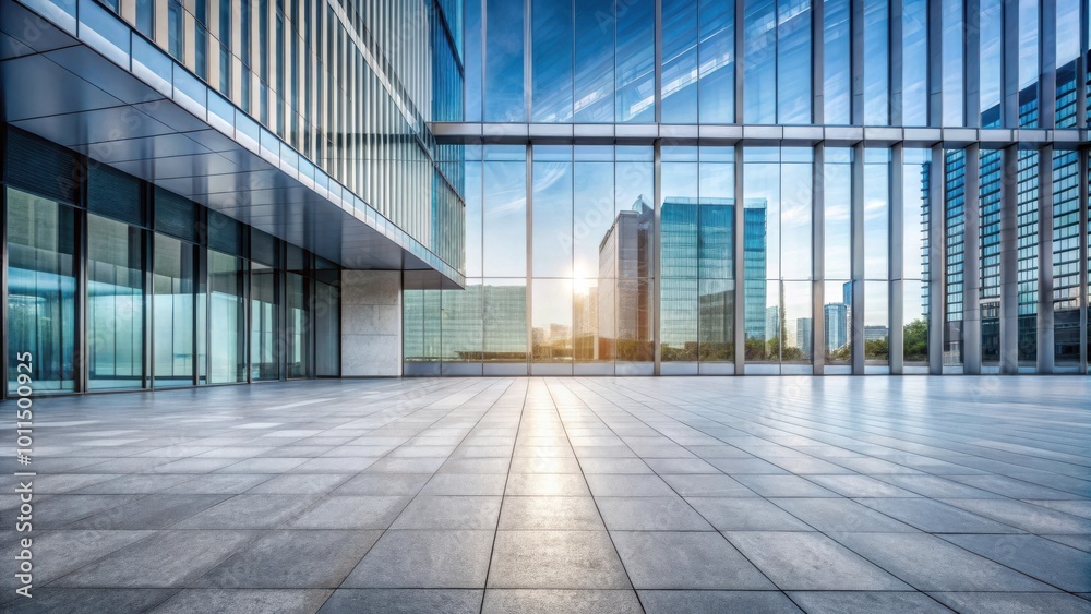 A Modern Glass Building With A View of City Skyline and Empty Space in Front A Modern Glass Building With A View of City Skyline and Empty Space in Front