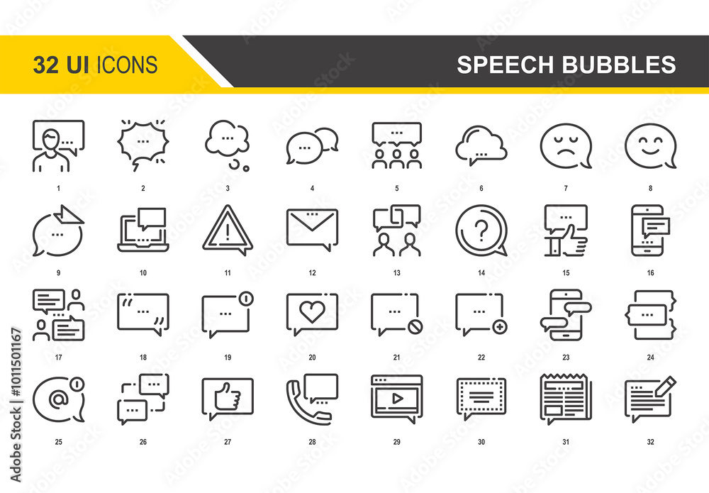 Vector set of speech bubbles flat line web icons. Each icon with ...