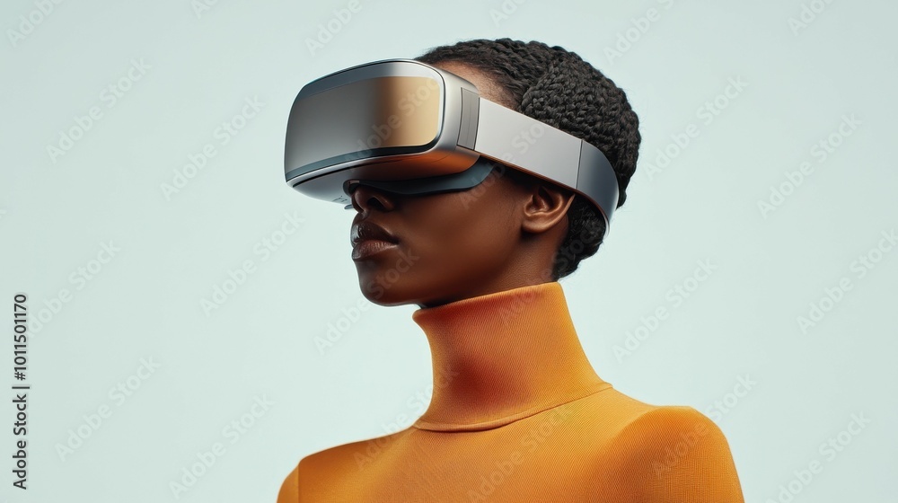 A woman in a stylish orange turtleneck wears a modern VR headset, symbolizing cutting-edge virtual reality technology and futuristic design.. A woman in a stylish orange turtleneck wears a modern VR headset, symbolizing cutting-edge virtual reality technology and futuristic design..