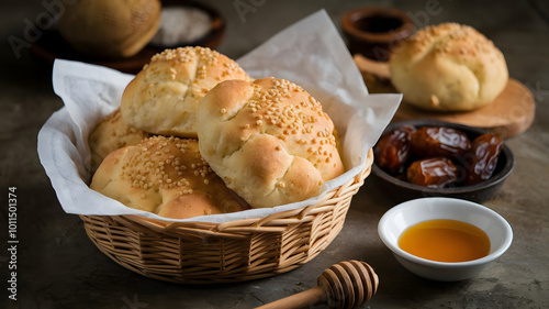 A basket of fluffy Khameer bread, golden and slightly puffed, served fresh from the oven with honey and dates for a traditional sweet pairing.






 photo