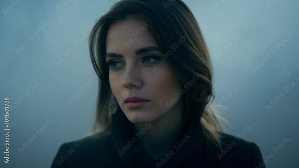 Pensive woman in foggy atmosphere with serene expression Pensive woman in foggy atmosphere with serene expression