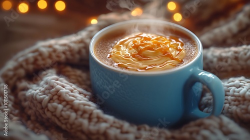 A steaming cup of hot chocolate with a swirl of caramel on top, resting on a chunky knit tablecloth. Warm light casting soft shadows, creating a cozy and inviting winter scene.