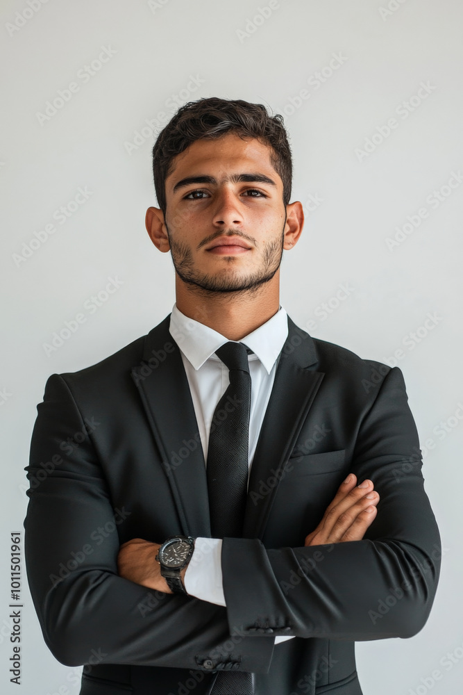 A resolute young adult Brazilian man in formal attire, arms crossed against a bold white background, showcasing determination and focus. A resolute young adult Brazilian man in formal attire, arms crossed against a bold white background, showcasing determination and focus.