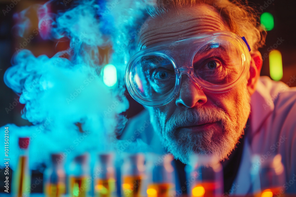 A senior Caucasian male scientist with a mischievous look, wearing large goggles, standing next to a smoking test tube in an eccentric lab, filled with colorful lights and bizarre contraptions. A senior Caucasian male scientist with a mischievous look, wearing large goggles, standing next to a smoking test tube in an eccentric lab, filled with colorful lights and bizarre contraptions.