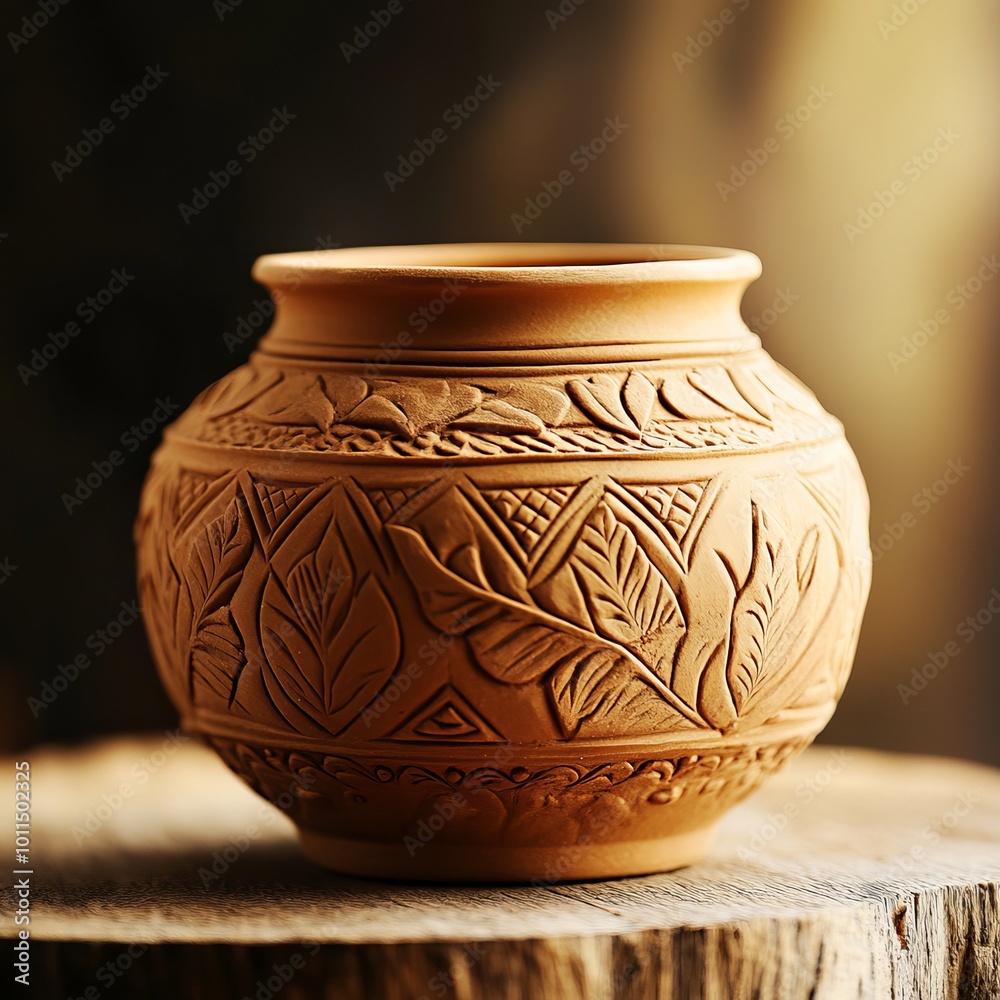 A traditional clay pot with intricate designs, positioned on a rustic wooden surface to emphasize its earthy texture and craftsmanship. The warm tones and detailed patterns of the pot create a charmin A traditional clay pot with intricate designs, positioned on a rustic wooden surface to emphasize its earthy texture and craftsmanship. The warm tones and detailed patterns of the pot create a charmin