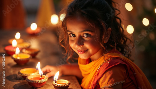 A 15 Yrs old girl lighting a diya in front of her house, wearing a traditional lehenga, glowing with joy during Diwali night photo