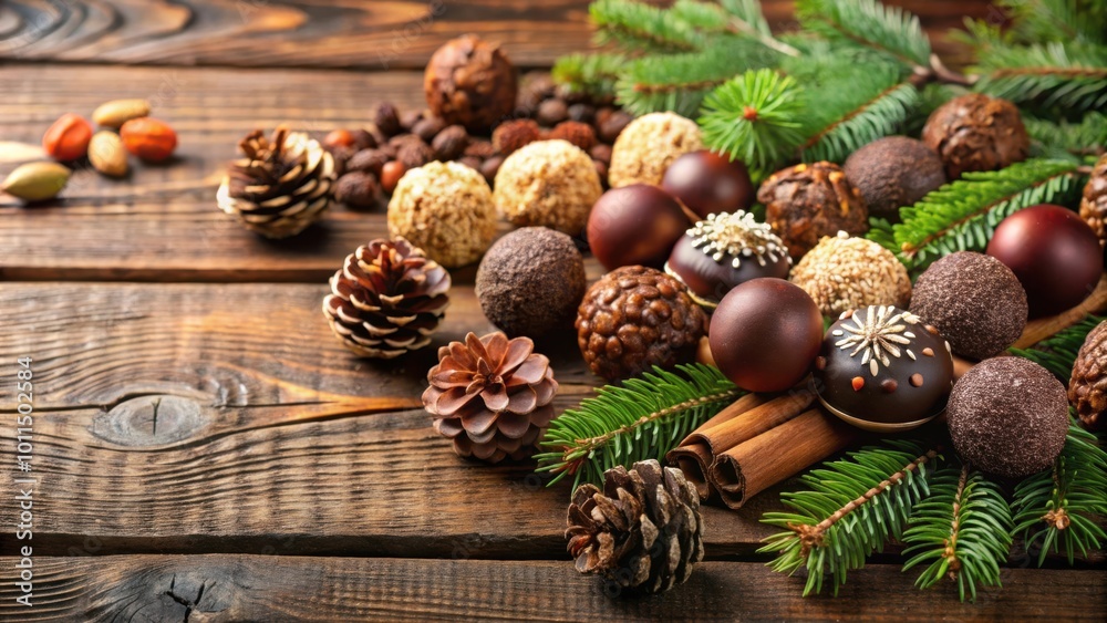 A Festive Arrangement of Chocolate Delights with Pine Cones and Cinnamon Sticks on a Rustic Wooden Surface A Festive Arrangement of Chocolate Delights with Pine Cones and Cinnamon Sticks on a Rustic Wooden Surface