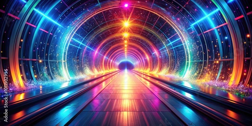 A futuristic tunnel with glowing neon lights, sparkling particles, and a bright, colorful pathway leading to an unknown destination.