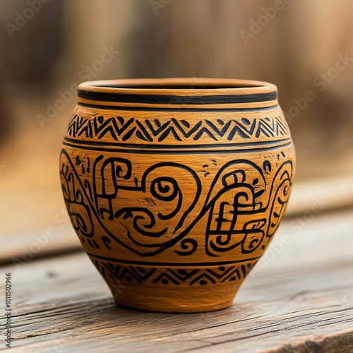 A traditional clay pot with intricate designs, positioned on a rustic wooden surface to emphasize its earthy texture