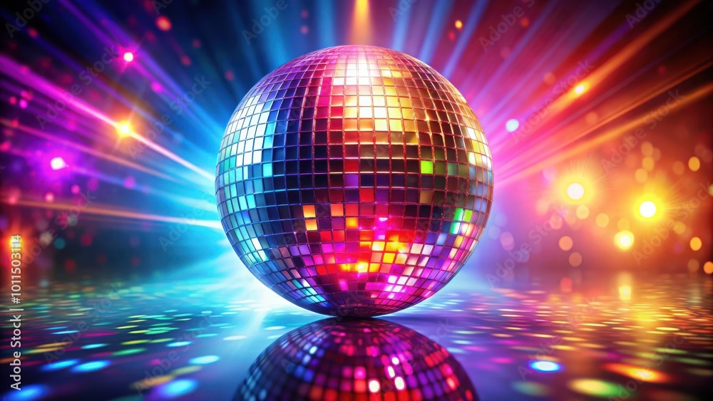 A disco ball on a shiny floor with colorful lights reflecting off its surface A disco ball on a shiny floor with colorful lights reflecting off its surface