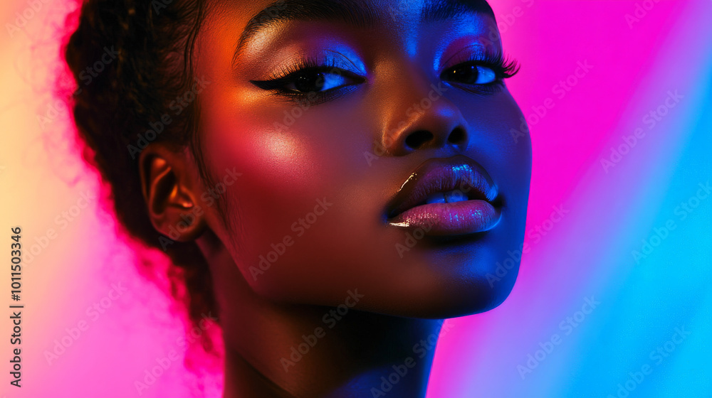 Beauty cosmetics magazine photo featuring a young adult African American woman with smooth skin and soft pink lips, captured in vibrant, colorful lighting. Beauty cosmetics magazine photo featuring a young adult African American woman with smooth skin and soft pink lips, captured in vibrant, colorful lighting.