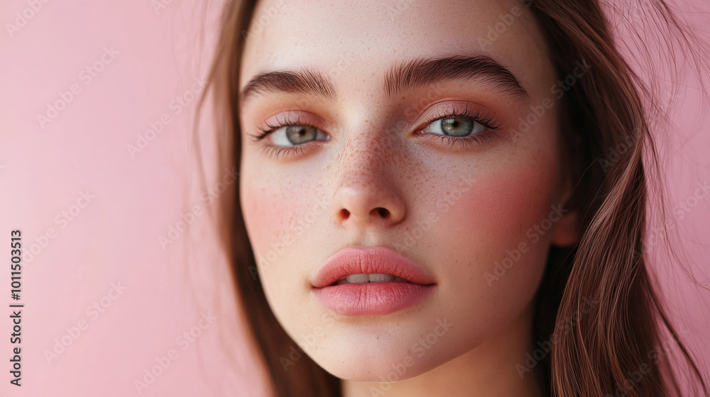 Beauty cosmetics magazine photo featuring a young adult Caucasian woman with radiant skin and natural pink lips, set against a chic, minimalist background. Beauty cosmetics magazine photo featuring a young adult Caucasian woman with radiant skin and natural pink lips, set against a chic, minimalist background.