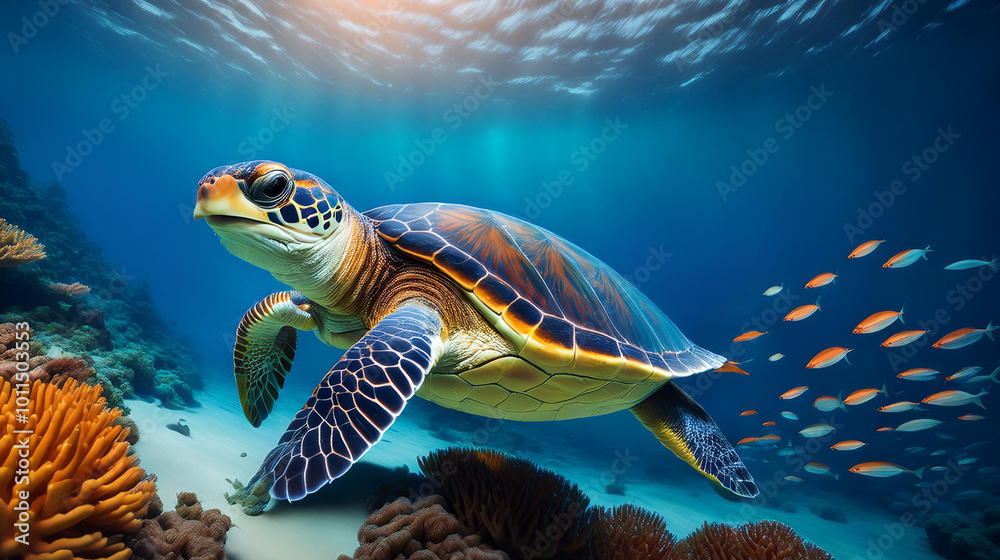 Obraz premium A Graceful Sea Turtle Swims Above a Vibrant Coral Reef, Illuminated by Sunlight and Teeming with Diverse Marine Life.
