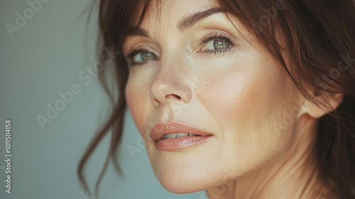 Beauty cosmetics magazine photo of a middle-aged Caucasian woman with glowing skin and delicate pink lips, her elegance shining through.