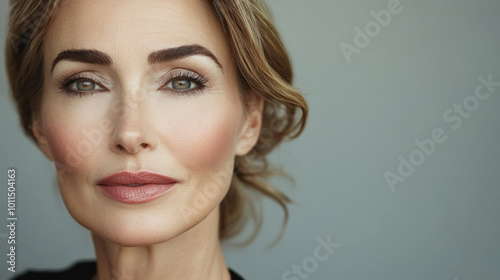 Beauty cosmetics magazine photo of a middle-aged Caucasian woman with clear skin and refined pink lips, conveying sophistication in a classic style.